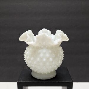Fenton White Hobnail Milk Glass Ruffled 4" Ball Vase Double Crimped - Vintage